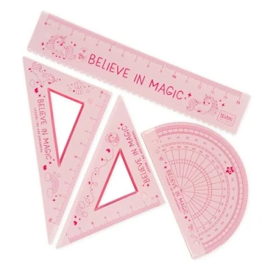 Imagen de Legami juego de geometría, con regla 15 cm, cuadrado 60 10 goniómetro 180 para la escuela, estuche incluido, material flexible, Tema Unicorn