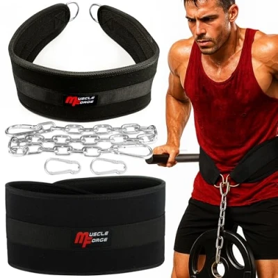 Imagen de MuscleForge® cinturón de Lastre, Dip belt, carga hasta 240 kg con cadena y mosquetón, para entrenamiento fuerza pesas colgantes, Cinturon Lastre Dominadas Dips