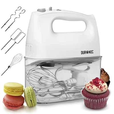 Imagen de Duronic HM4 WE Batidora de Varillas, Amasadora Repostería 400W, 5 Velocidades. 2 Varillas Batidoras, Ganchos, 1 Varilla Globo Acero Inoxidable Grado Alimenticio BPA Free Color Blanco