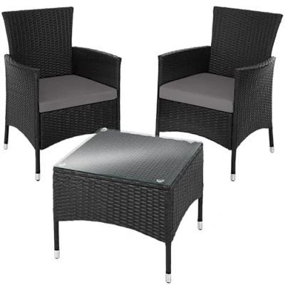 Imagen de TecTake® Conjunto Jardín Exterior de Ratán y Acero para 2 Personas, Muebles Resistentes a Intemperie, Sillones 1 Mesa Cristal, Fácil Montaje Limpieza, Incl. 4 Fundas Negro