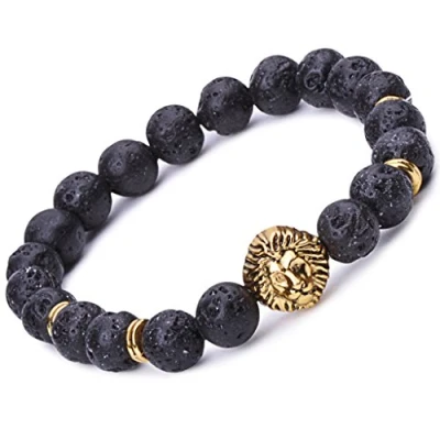 Imagen de Unendlich U Infinito Cool Unisex para Mujer Hombre León Pulsera de Perlas 9 mm Piedra Lava aleación muñeca Mala elástica, Terapia Yoga Meditación