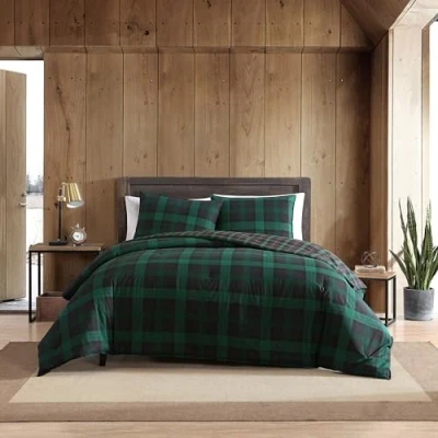 Imagen de Eddie Bauer Juego de Funda edredón Queen, Ropa Cama Reversible algodón con Fundas a Juego, decoración del hogar Cuadros Cierre botón (Verde tartán Bosque, Queen)
