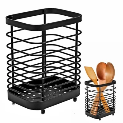Imagen de Cesta para Cubiertos, Soporte Utensilios Cocina, Cubiertos de Acero Inoxidable, Cocina Metal, Porta Cuadrado con Orificios Drenaje Negro