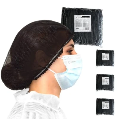 Imagen de Juego de 4x 100 Gorros desechables no tejidos, doble elásticos y antipolvo, OneProtek Gorro desechable 53 cm para el cabello, médicos, servicio comida, dentistas, laboratorios Negro