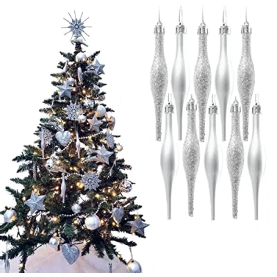 Imagen de Simply Products 10 bolas de bolas, gran decoración para árbol Navidad, carámbano mate y purpurina (purpurina plateada mate)