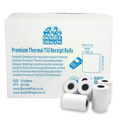 Imagen de Rollos de papel térmico 57 x 30 mm para todas las máquinas PDQ tarjetas crédito (20 rollos), compatibles con SumUp, Ingenico, PayZone, Verifone, Clover impresoras, terminales Zettle y más