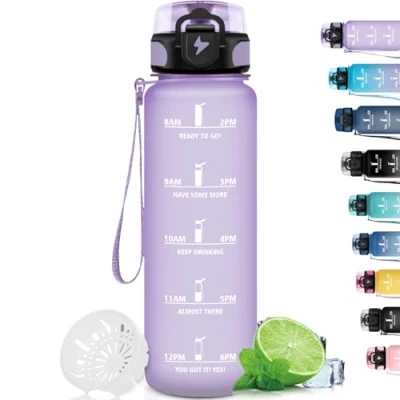 Imagen de Grsta Botella Agua, Agua 1 Litro con Filtro, Gimnasio Marca de Tiempo, Deportiva Eslogan Motivacional, Fácil Limpiar, para Senderismo, Yoga, Correr
