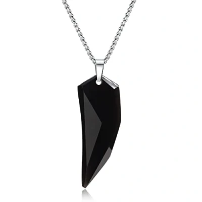 Imagen de COAI Collar de Acero Inoxidable con Colgante Diente Lobo Obsidiana Negra Piedra Natural para Hombre y Mujer