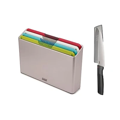 Imagen de Joseph Folio Icon Tablas de Picar Antideslizantes, Codificadas por Colores, 4 Piezas, con Estuche Almacenamiento y Cuchillo Chef, Mediano, Plateado