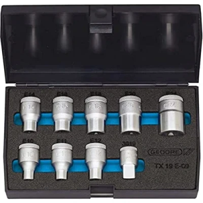 Imagen de GEDORE Juego de llaves vaso 1/2 pulgadas, 9 piezas, exterior Torx E10 E24, TX 19 E 09, plateado