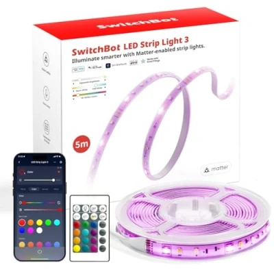Imagen de SwitchBot Matter Tira LED 5M, 72LEDs/m RGBCCT Luces con App y Mando, Funciona Apple Home, Alexa, Google SmartThings, sincronización música, para Habitación, Sala, Cocina, Fiesta