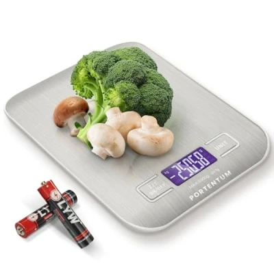 Imagen de PORTENTUM Peso de cocina con Pantalla LCD, Acero Inoxidable, Balanza precisa 1 gramo a 5 kg/11 lbs