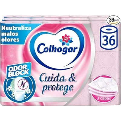 Imagen de Colhogar Cuida&amp;Protege 5x12 Papel Higiénico con tecnología Odor Block: neutraliza malos olores Paquete 60 rollos 3 Capas color rosa y una fragancia fresca