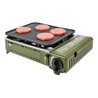 Imagen de Amig Camping Gas Cocina Portatil Kit Hornillo Grill Parrilla Fundicion Aluminio + Plancha Con TapaCon Bandeja Recoge Grasas De Acero Inoxidable 1,8 Kw Potencia