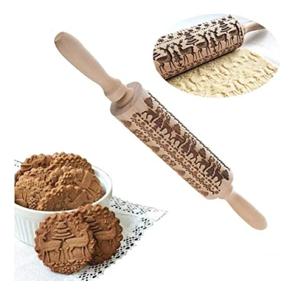 Imagen de Voarge Rodillo de amasar con relieve alce Navidad, para hornear galletas relieve, accesorio perfecto fondant, pizza, masa pasta y esfuerzo.