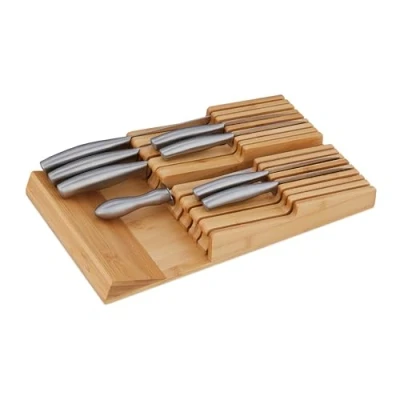 Imagen de Relaxdays Organizador Cajón 16 Cuchillos y Afilador, Bloque Posacuchillos Horizontal, 5,5 x 24 40 cm, Bambú, Natural, 5.5 cm