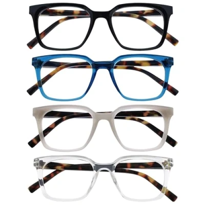 Imagen de OPULIZE KOI Gafas de Lectura x4 Marco Rectangular Ancho Negro/Azul/Gris/Transparente Hombre Mujer Bisagras Muelle RRRR50 137C +2.50