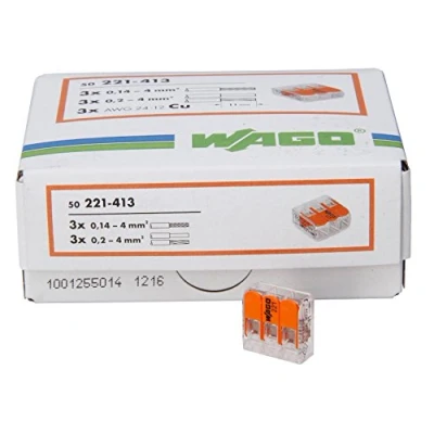 Imagen de Kopp 33346427 Wago Ranuras, Borne de 3 con Palanca para Flexible hebras wiederöffenbar 1,5 2,5 mm² 50 Unidades, Transparente/Naranja