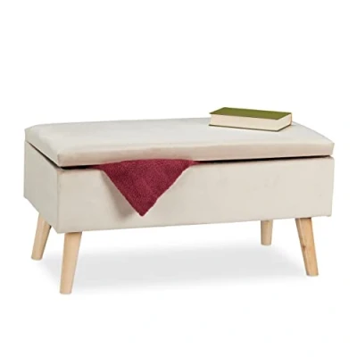 Imagen de Relaxdays Baúl Almacenamiento, Funda Terciopelo, 40 L, Acolchado, Patas Madera, Asiento Almacenaje, 41x80x40 cm, Crema, Tablero de Fibras, 1 Unidad
