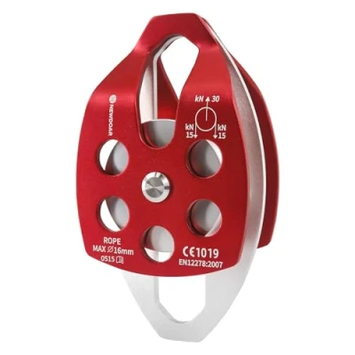 Imagen de NewDoar polea de rescate grande con certificado CE 30 KN, doble placa oscilante para alpinismo al aire libre, escalada en roca (rojo, 1 unidad)