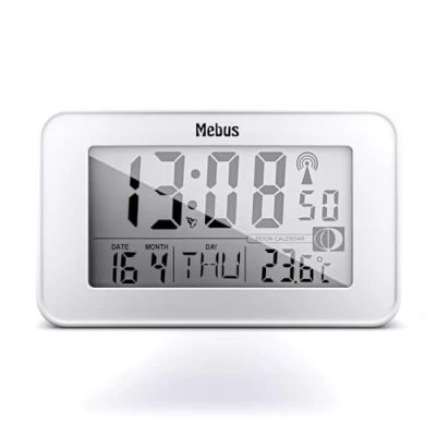 Imagen de Mebus digitaler Funk Wecker mit Mondkalender, Beleuchtung, Innenthermometer, Schlummer Funktion/Material: Kunststoff/Farbe: Weiß/Modell: 51461