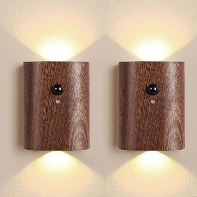 Imagen de 2 Piezas Lámpara de Pared LED Madera a Batería Sin Cable con Sensor Movimiento Apliques Cabecera Dormitorio Recargable USB, 3000K,Luz Noche Magnética para Salón Pasillo Escaleras