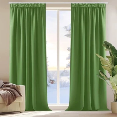 Imagen de Deconovo Cortinas Opacas para Dormitorio Salon Ganchos o Pase por la Barra, Térmicas Aislantes Frio y Calor 2 Piezas, 140x220 cm, Verde