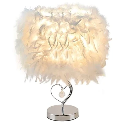 Imagen de GUANSHAN lámpara de noche plumas Pantalla escritorio luz mesa moderna con cristal en corazón Base mental para sala estar, dormitorio, L