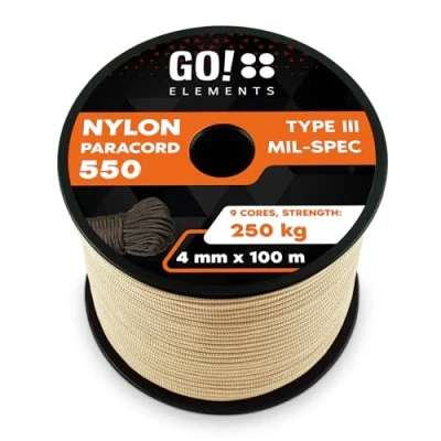 Imagen de GO!elements 100m Paracord de Nylon a Prueba desgarros 4mm 550 Typo III Cuerda Adecuado como Yute &amp; Gruesa MAX. 250kg, Color: Arena