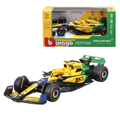 Imagen de F1 McLAREN MCL38 2024 MONACO GP Livrea Senna 30th aniversario Fórmula 1 LANDO NORRIS 4 Escala 1:43 12 cm BBurago 18 38214 N