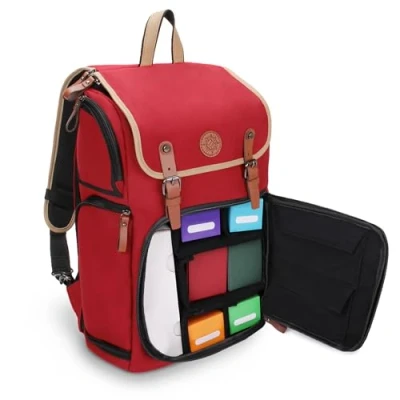Imagen de ENHANCE Mochila para Estuche de Naipes Espacio Carpetas Cartas, Caja Almacenamiento TCG, Soporte Alfombrilla Juego Compatible con Magic The Gathering, YuGiOh, Pokemon (Rojo)