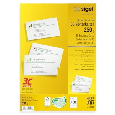 Imagen de Sigel LP801 Tarjetas de visita, 3C, imprimible, 85x55 mm (A4), 250 g, 400 unds, 40 hojas