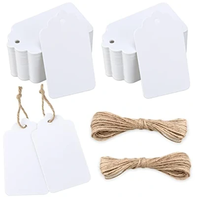Imagen de jijAcraft Etiquetas Regalo de Papel Kraft 7x4cm, 100 Uds Artesanía + 20 Metros Cuerda Yute, para Boda Navidad Cumpleaños (Blanco)