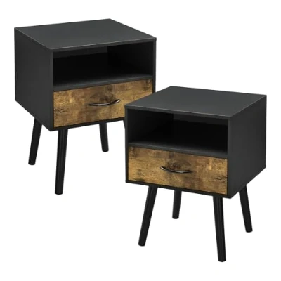 Imagen de [en.casa] Set de Mesas Auxiliares Gävle Elegante Juego 2 Mesillas Noche con Cajón y un Compartimento Abierto para Dormitorio Salón Aglomerado 57 x 42 40 cm Negro/Efecto Madera Oscura
