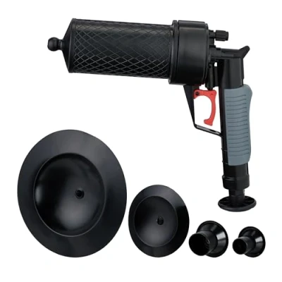 Imagen de Relaxdays Limpiador Tuberías Aire Comprimido, Desagües Obstruidos, Lavabo, WC y Ducha, 4 Accesorios, Desatascador, Negro, 27 x 9 30 cm