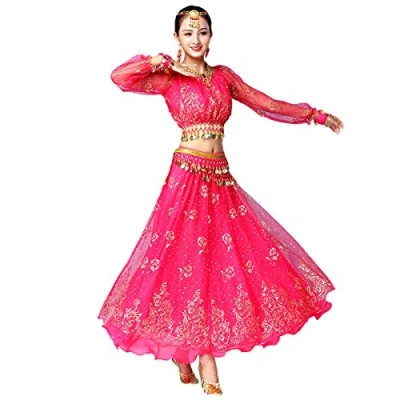 Imagen de Grouptap Bollywood Indio para Mujer de Manga Larga Anarkali Lehenga Choli Saree Vestido Rosa árabe Princesa Danza del Vientre Falda Trajes Traje (Rosa, 150 170 cm, 45 70 kg)