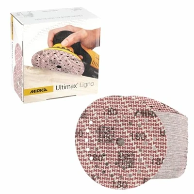 Imagen de Mirka Ultimax Ligno Ø 125mm discos de lija Velcro Multifit/grano 180/100 piezas/multiperforación/para lijar superficies madera
