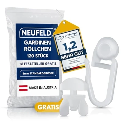 Imagen de NEUFELD® 120 Ganchos deslizantes de cortinas para rieles interiores (incluye 6 fijaciones) resistentes al lavado (8 mm tamaño estándar) (120)