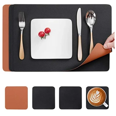 Imagen de Myir JUN Manteles Individuales y Posavasos, Salvamanteles Lavables Posavasos de PVC (Juego 4, Negro Marrón)