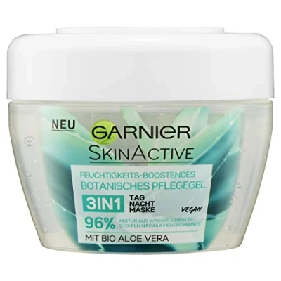 Imagen de Garnier 3 en 1, cuidado nocturno y máscara con aloe vera orgánica, gel botánico que mejora la humedad, hidrata intensamente, SkinActive, 1 paquete (1 x 150 ml)