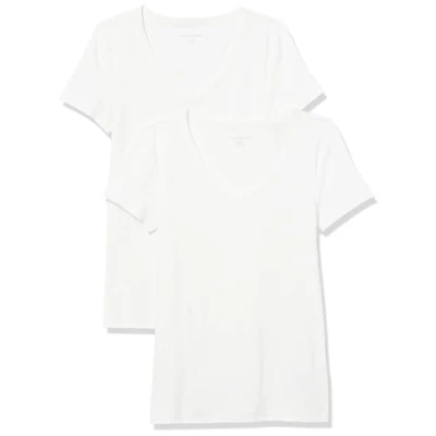 Imagen de Amazon Essentials Camiseta de Cuello en Pico Manga Corta y Ajuste Entallado Mujer, Pack 2, Blanco, M