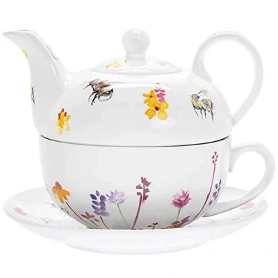 Imagen de Jennifer Rose Gallery Juego de tazas y platillo, diseño abejas ocupadas color agua Multicolor