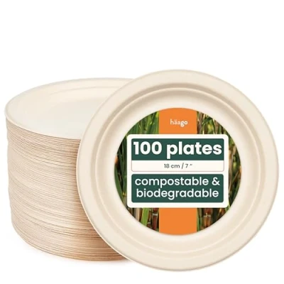 Imagen de HAAGO 100 Platos Desechables y Biodegradables de Caña Azúcar Ecológicos Compostables, 18cm