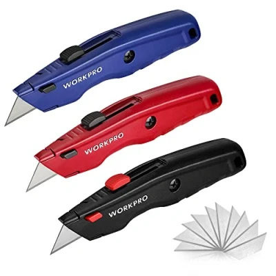 Imagen de WORKPRO 3 piezas Cutter Profesional, Cúter Universal, Cortador Profesional con Mango de Aluminio Antideslizante, Cuchillo 10 Cuchillas Adicionales, Multicolor