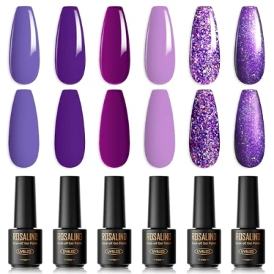 Imagen de ROSALIND Esmaltes Semipermanentes para Uñas,6 Colores mini Morado Violeta Oscuro Claro Púrpura Glitter,Pintauñas Soak Off UV/LED Gel Uñas Manicura Nail Art Set