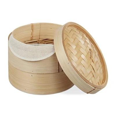 Imagen de Relaxdays 10027850 Vaporera de bambú, Cesta Tradicional con Dos bandejas, para arroz, Cocedor al Vapor, Ø 20,5 cm, 1 Ud, Marrón, Algodón