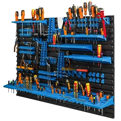 Imagen de botle Estantería de pared con sistema almacenamiento herramientas 117 x 78 cm, portaherramientas plástico azul, para garaje, taller, paredes
