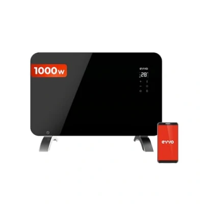 Imagen de Radiador eléctrico EVVO C Cristal Negro 1.000W, Wifi, termostato regulable, Google Home Alexa, Mando a distancia, Temporizador, soporte de pie, Bajo Consumo, Silencioso, antisalpicaduras (1.000W)