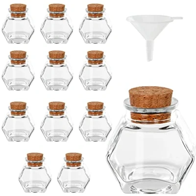 Imagen de BELLE VOUS Pack de 12 Frascos Vidrio Hexagonal y Tapa Corcho 45 a 50 ml Botecitos Cristal Pequeños Botes Herméticos Embudo Regalitos Bodas, Fiestas, Especias, Cocina Mermelada