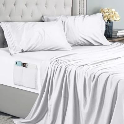 Imagen de Utopia Bedding Juego De Sabanas Bordadas 4 Piezas 135x190 Microfibra Poliéster, Sábana Bajera con Bolsillos Almacenamiento, Plana Y 2 Fundas Almohada (Cama 135, Blanco)